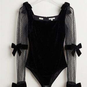 Ronny Kobo Black Velvet Bodysuit with Sheer Sleeves and Ribbon Bows M